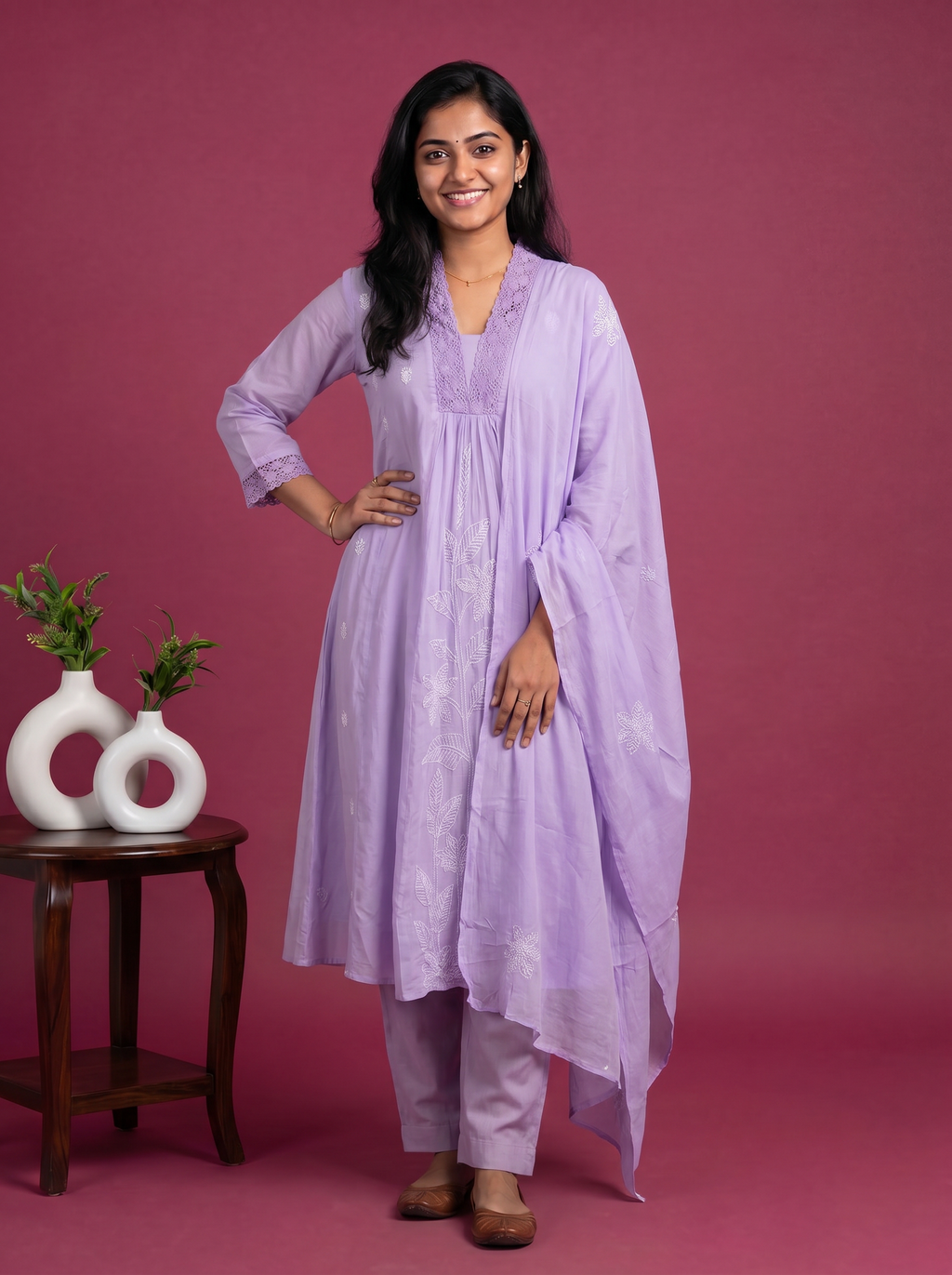 Lavender Cotton Embroidery Work Anarkali Suit