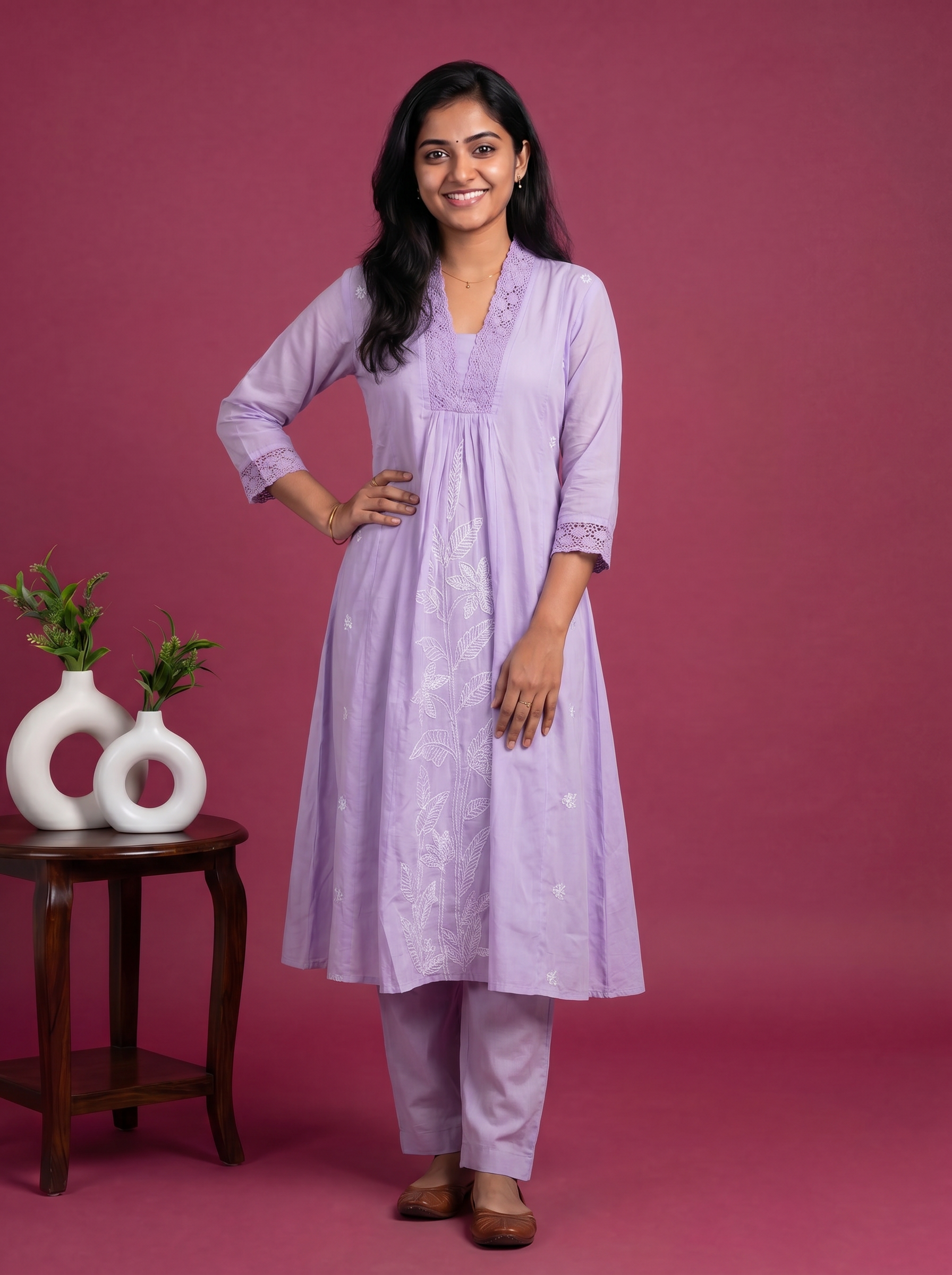 Lavender Cotton Embroidery Work Anarkali Suit
