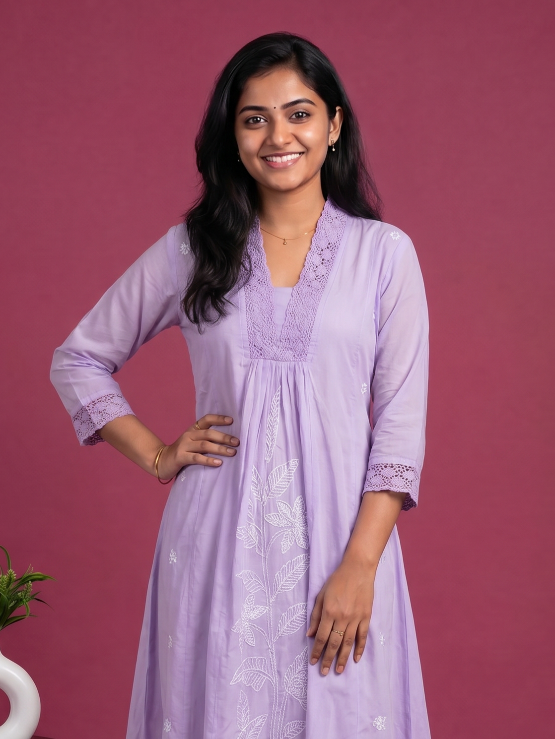 Lavender Cotton Embroidery Work Anarkali Suit