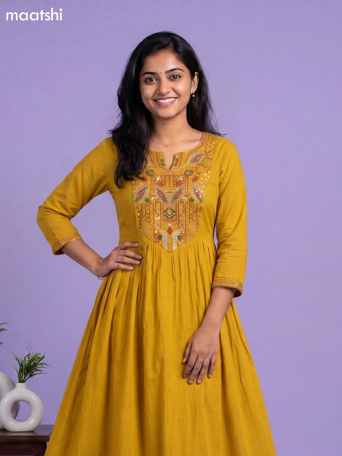 Mustard Yellow Cotton Embroidery Work Anarkali Suit