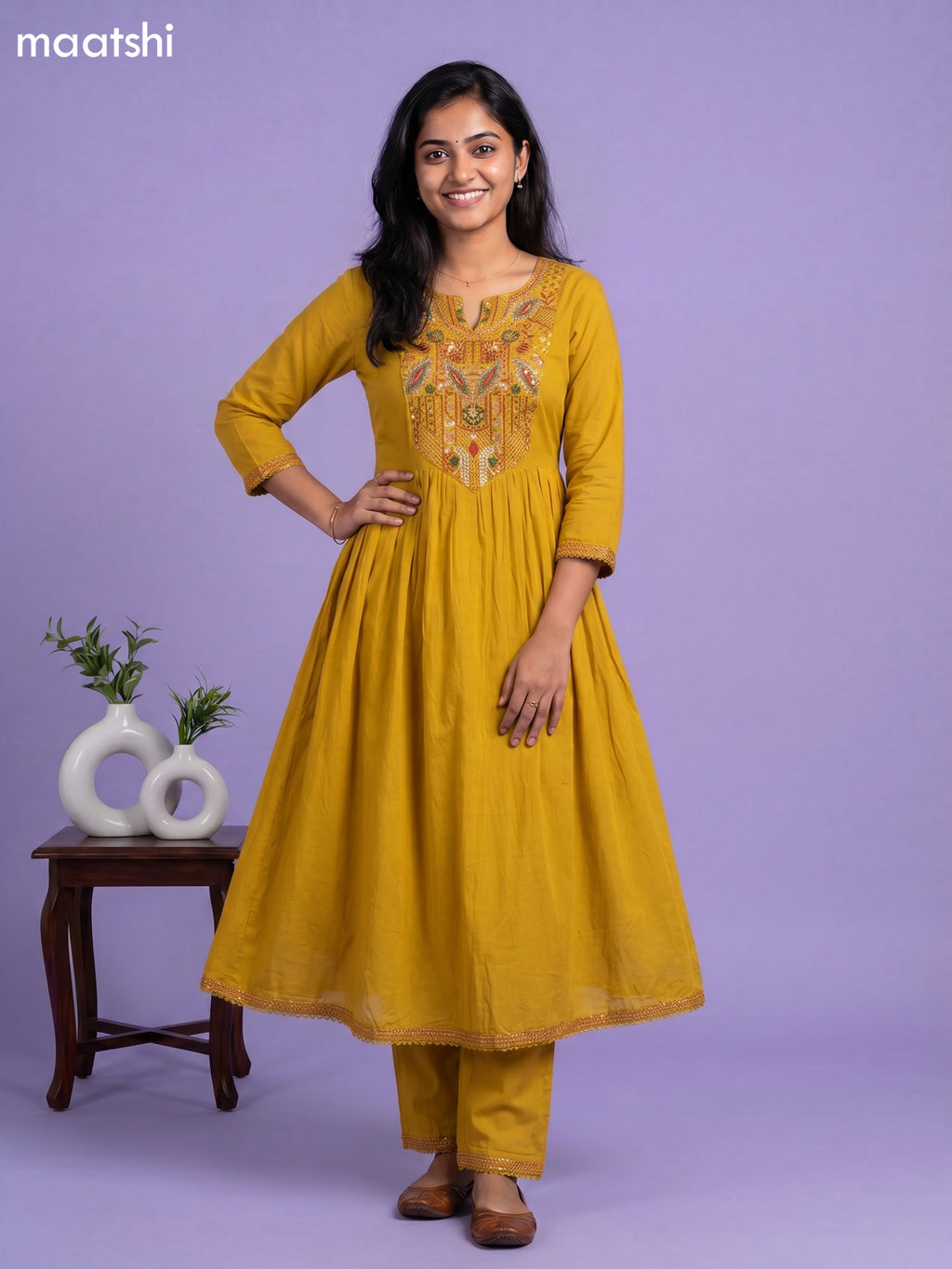 Mustard Yellow Cotton Embroidery Work Anarkali Suit
