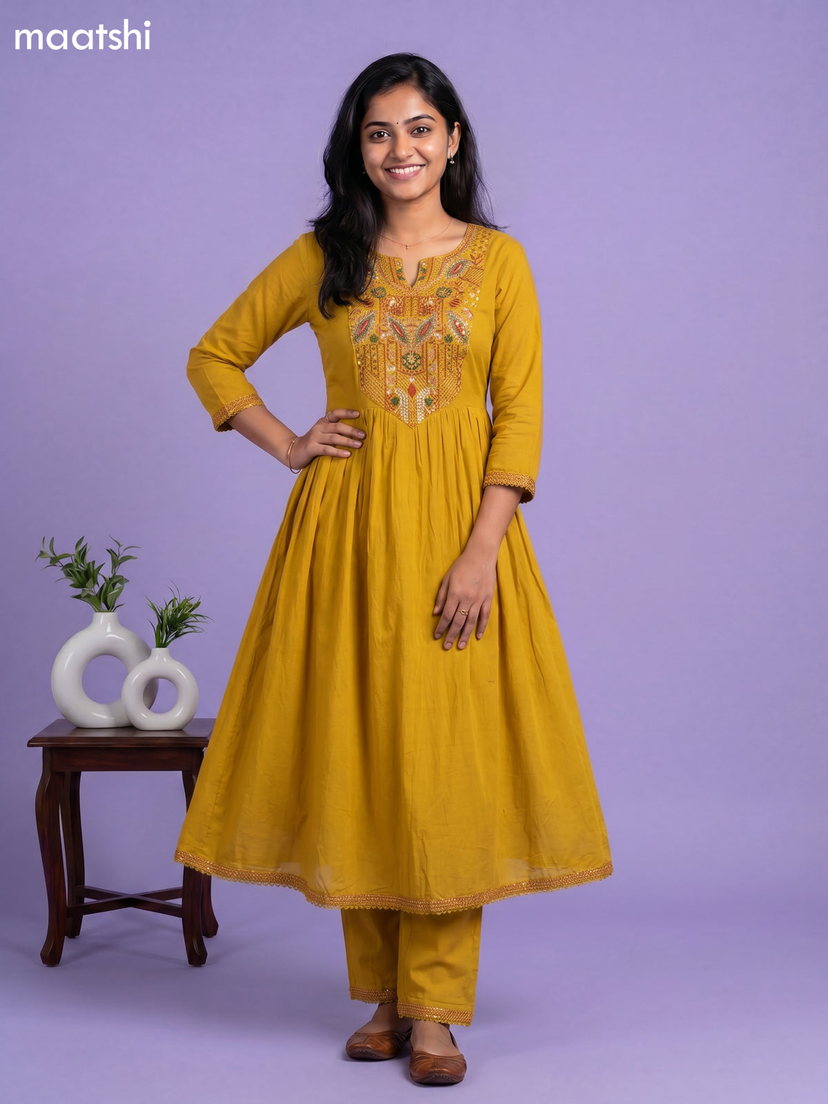 Mustard Yellow Cotton Embroidery Work Anarkali Suit