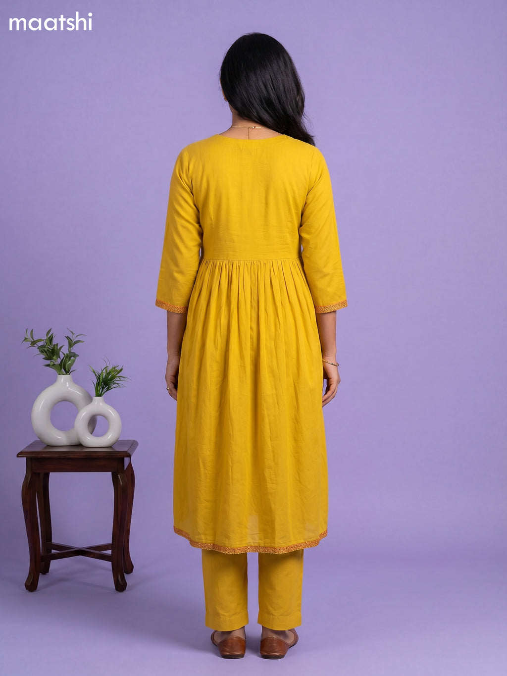 Mustard Yellow Cotton Embroidery Work Anarkali Suit