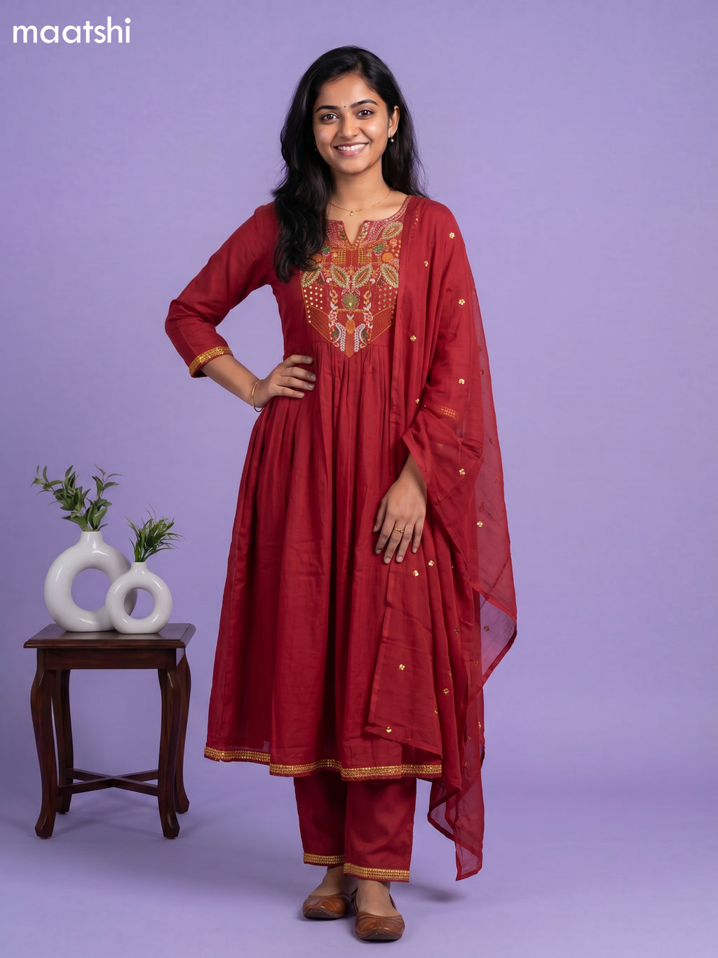 Maroon Cotton Embroidery Work Anarkali Suit
