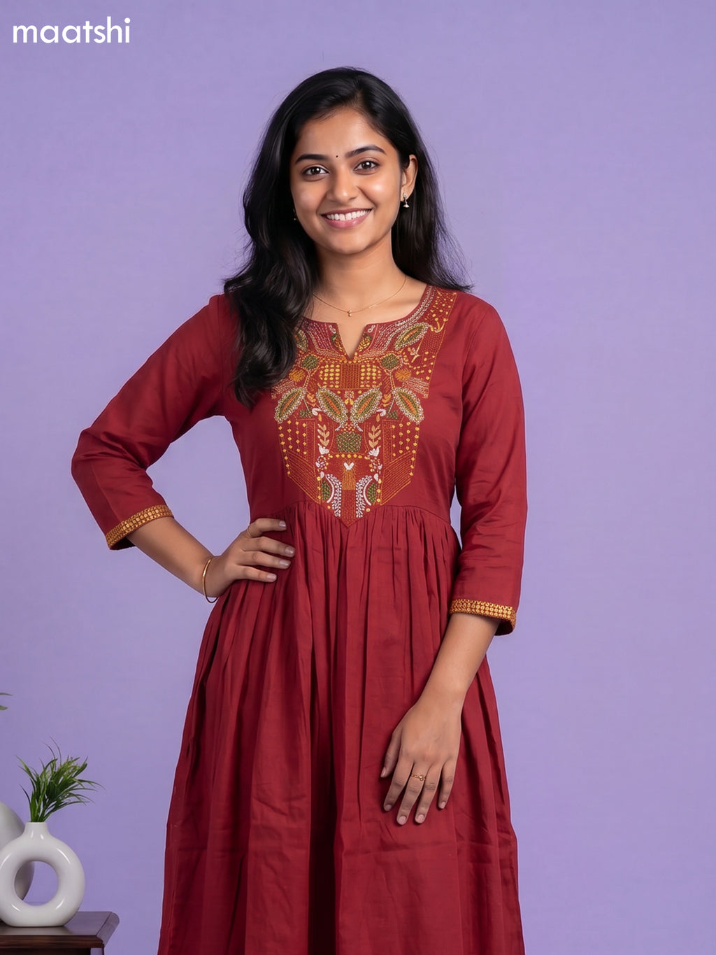 Maroon Cotton Embroidery Work Anarkali Suit