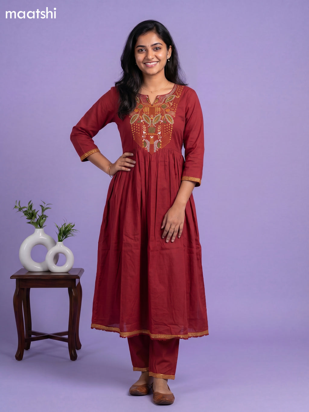 Maroon Cotton Embroidery Work Anarkali Suit