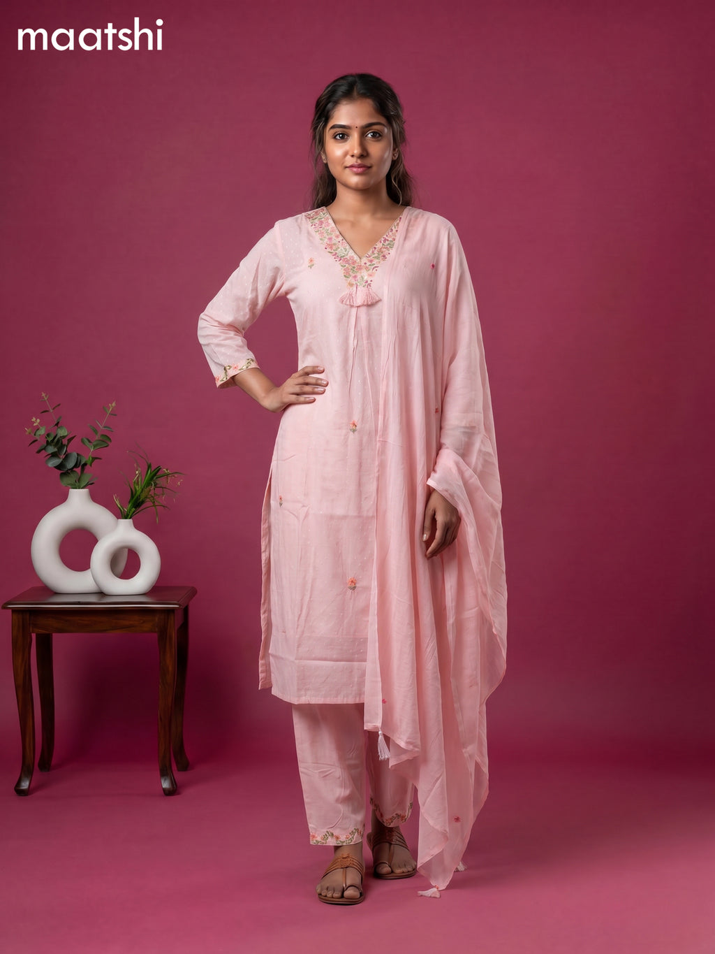 Peach Cotton Embroidery Work Straight Suit