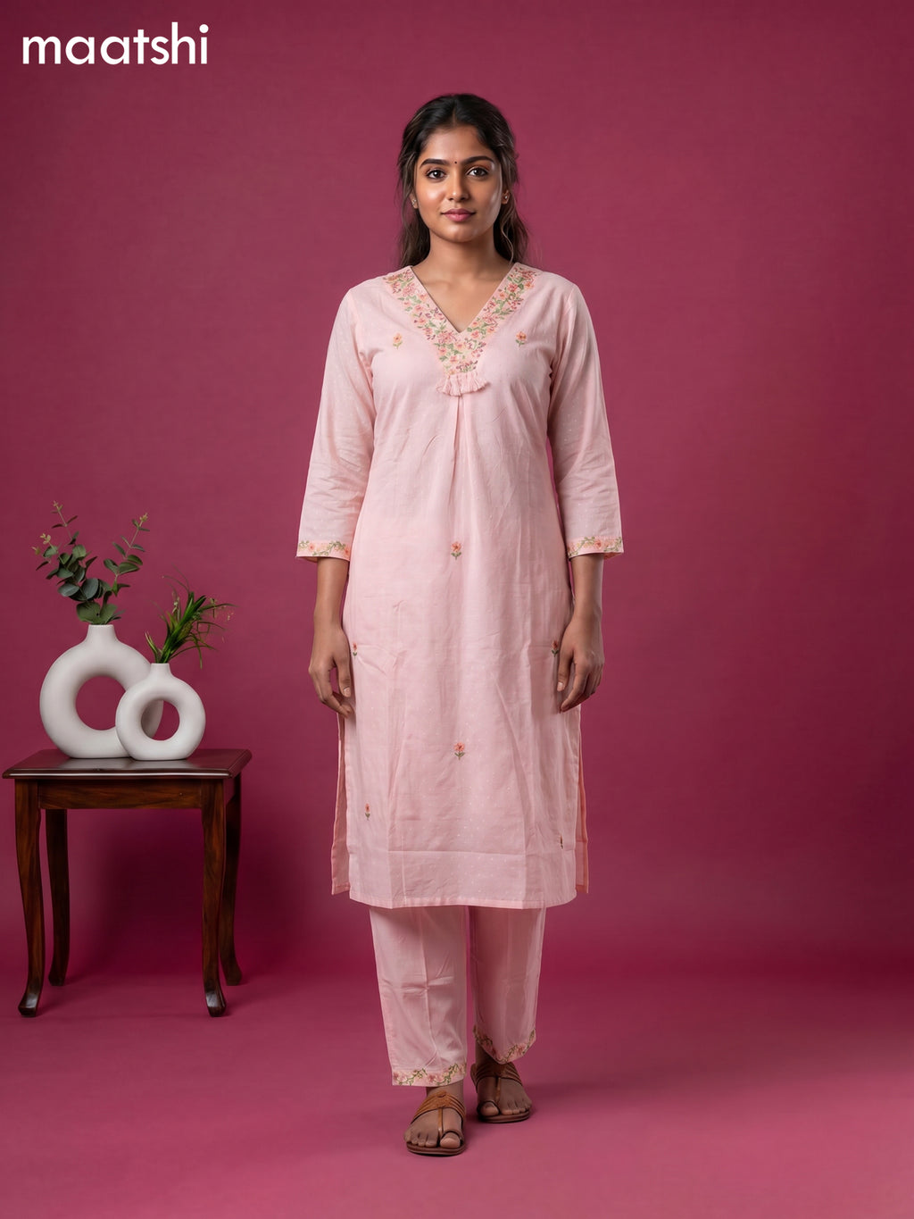 Peach Cotton Embroidery Work Straight Suit