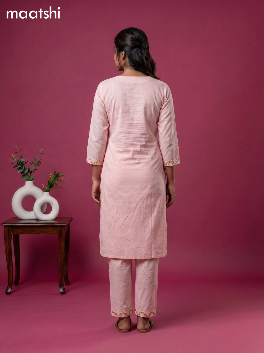 Peach Cotton Embroidery Work Straight Suit