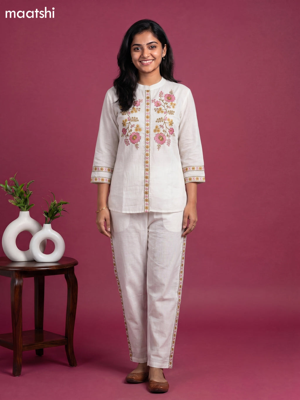 Off White Cotton Embroidery Co-Ord Set
