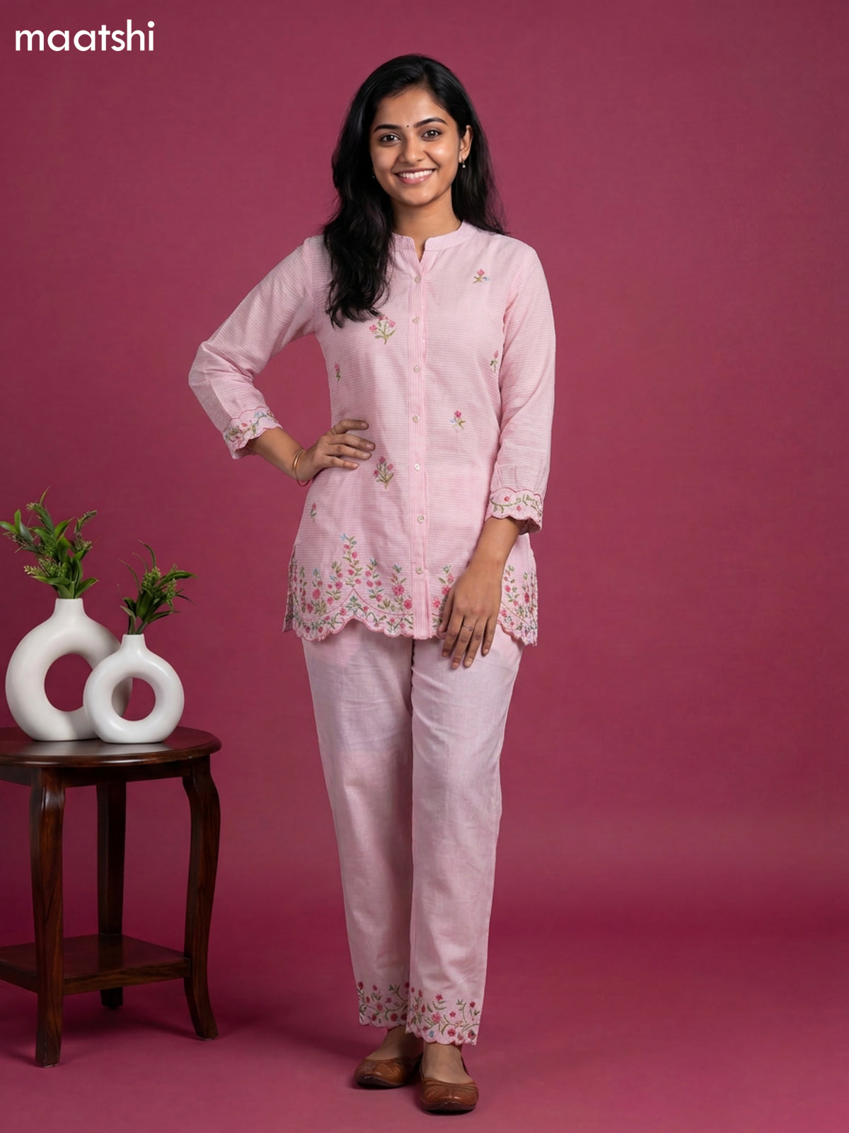 Lotus Pink Cotton Embroidery Co-Ord Set