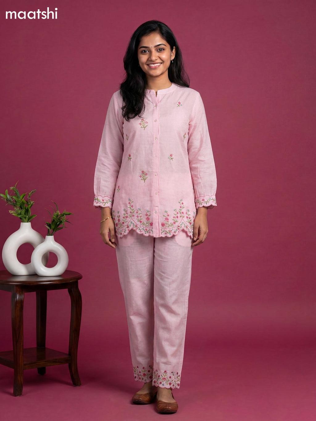 Lotus Pink Cotton Embroidery Co-Ord Set