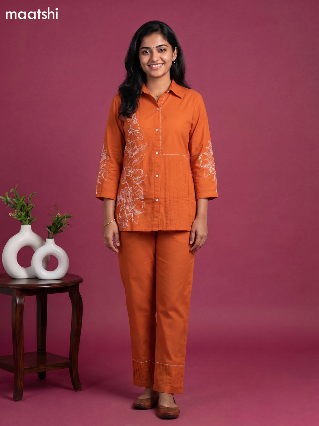 Orange Cotton Embroidery Work Short Co-Ord Set