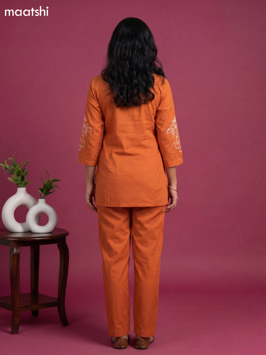 Orange Cotton Embroidery Work Short Co-Ord Set