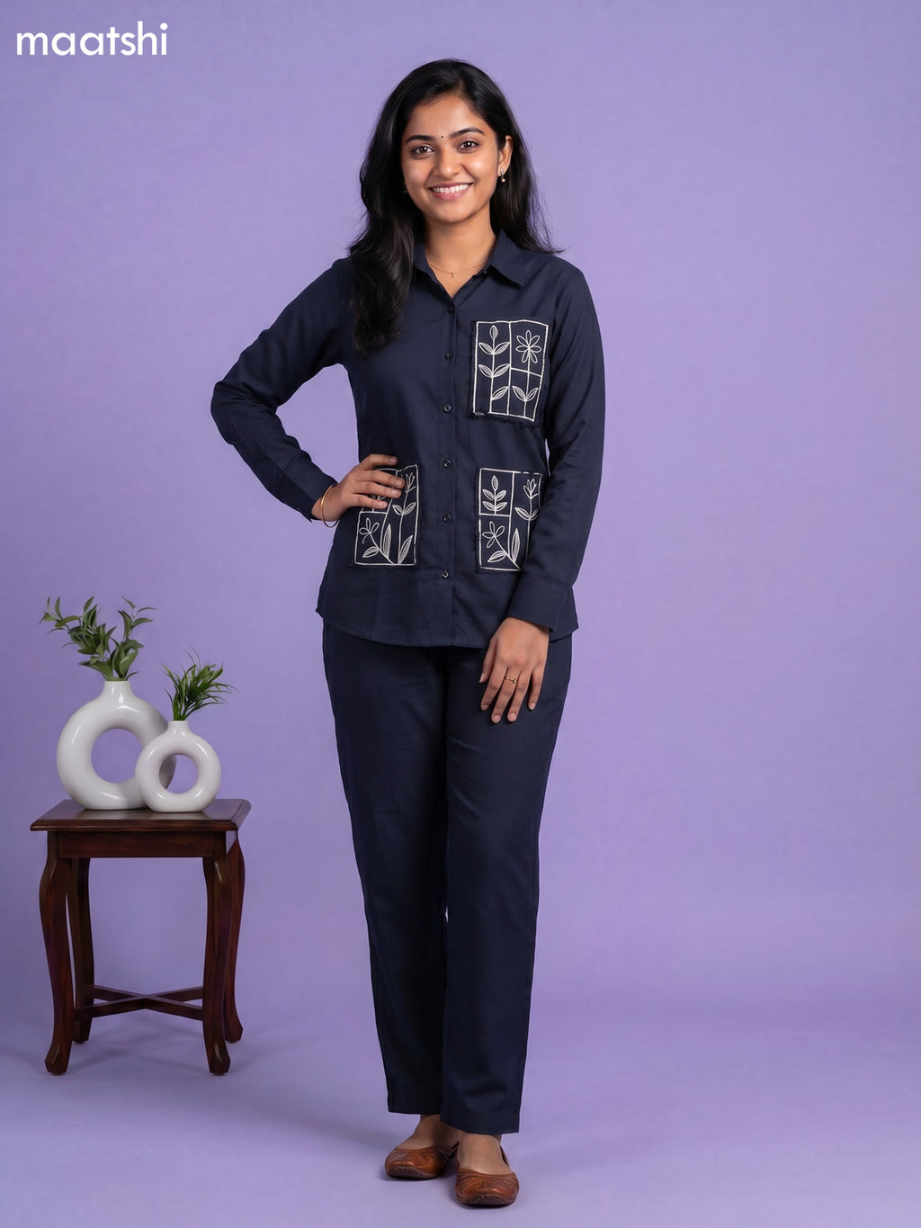 Dark Blue Cotton Embroidery Work Short Co-Ord Set
