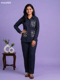Dark Blue Cotton Embroidery Work Short Co-Ord Set