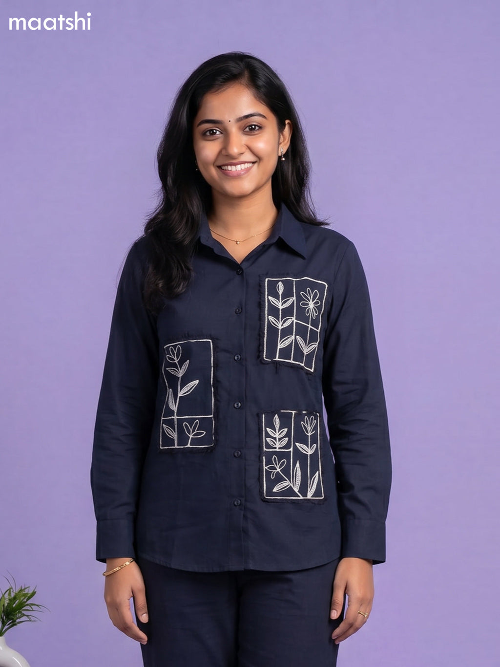 Dark Blue Cotton Embroidery Work Short Co-Ord Set