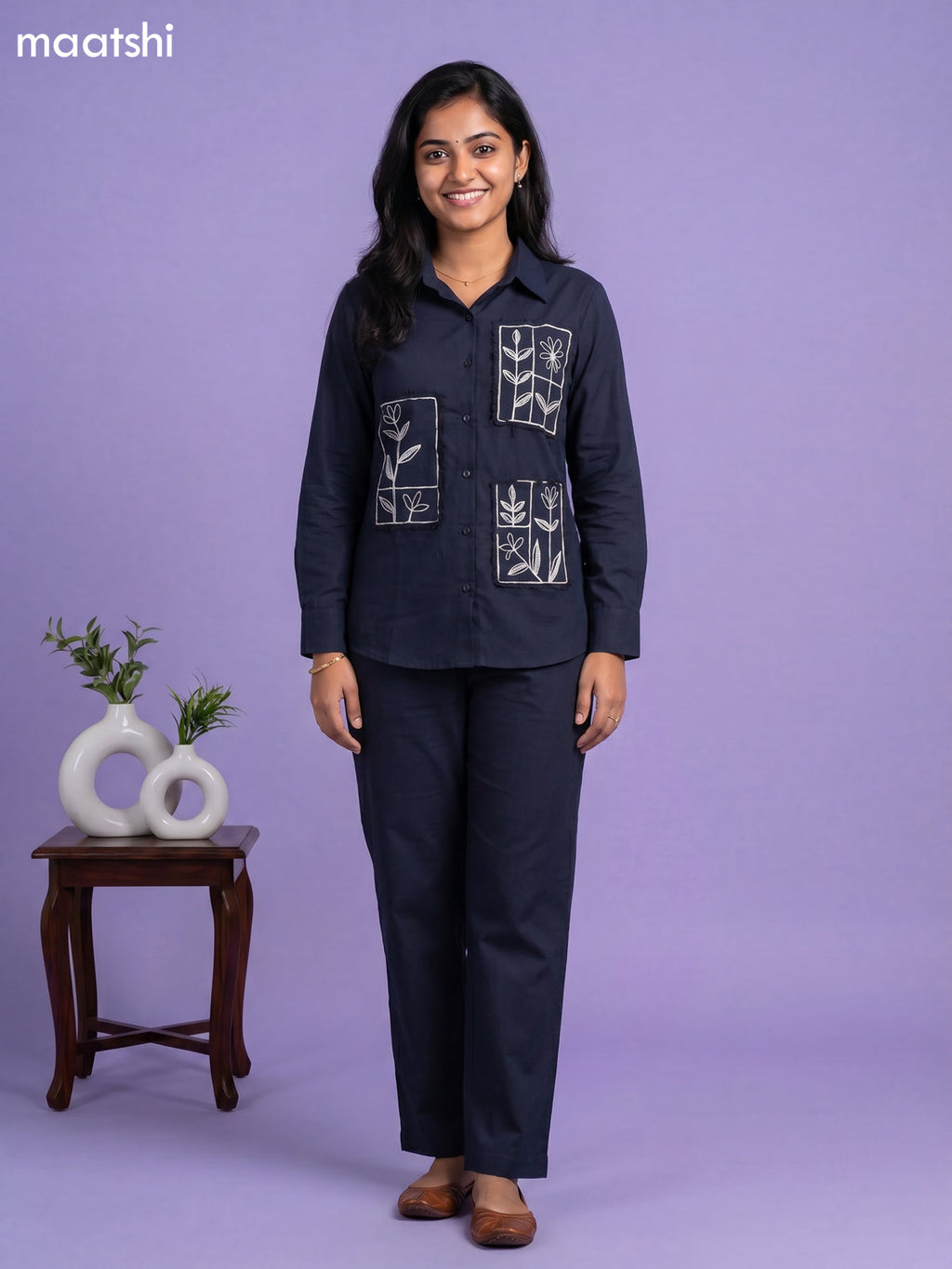Dark Blue Cotton Embroidery Work Short Co-Ord Set