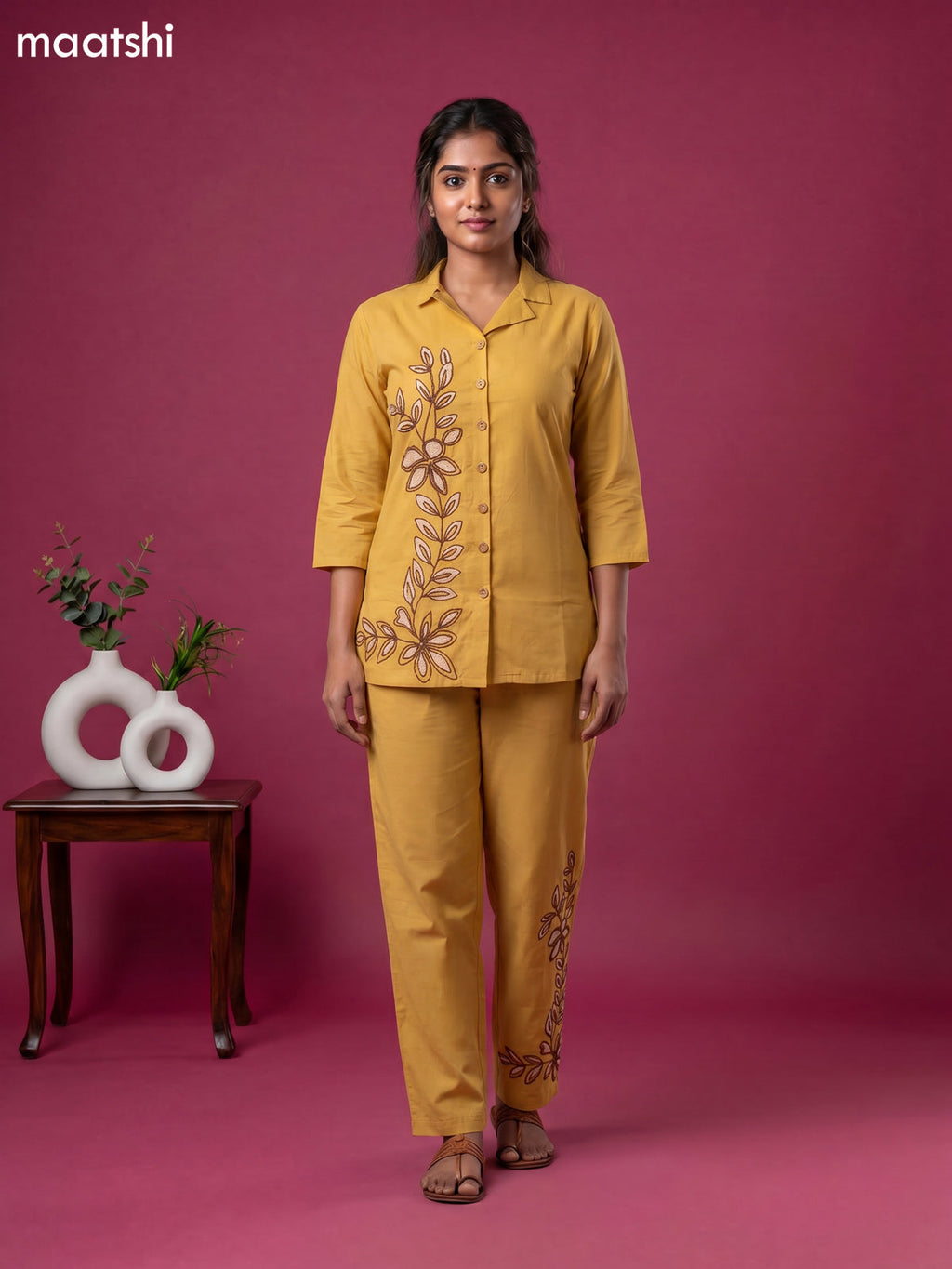 Musted Yellow Cotton Embroidery Work Short Co-Ord Set