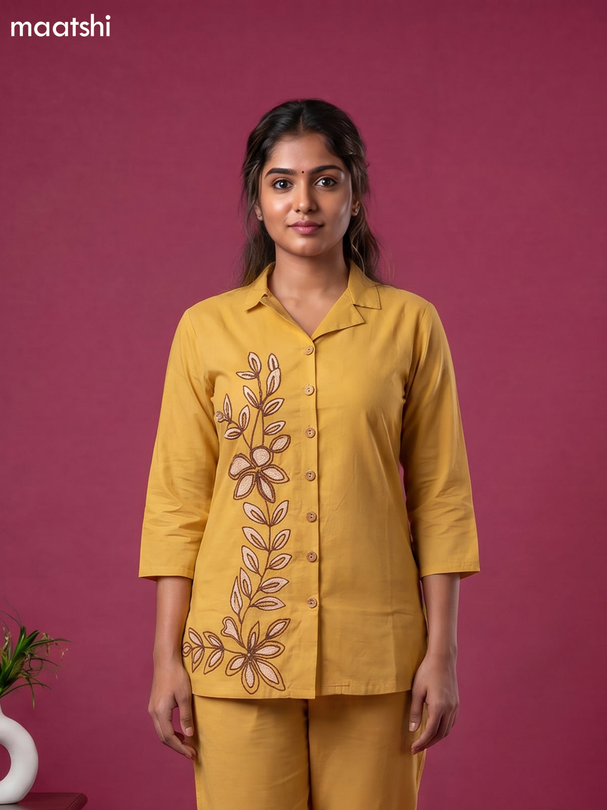 Musted Yellow Cotton Embroidery Work Short Co-Ord Set