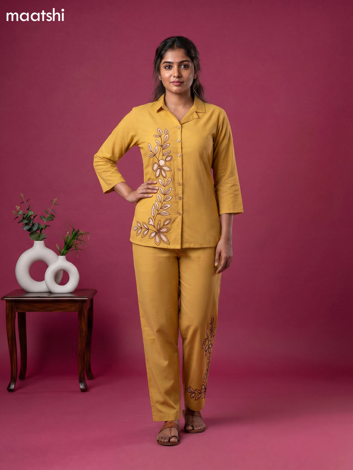 Musted Yellow Cotton Embroidery Work Short Co-Ord Set