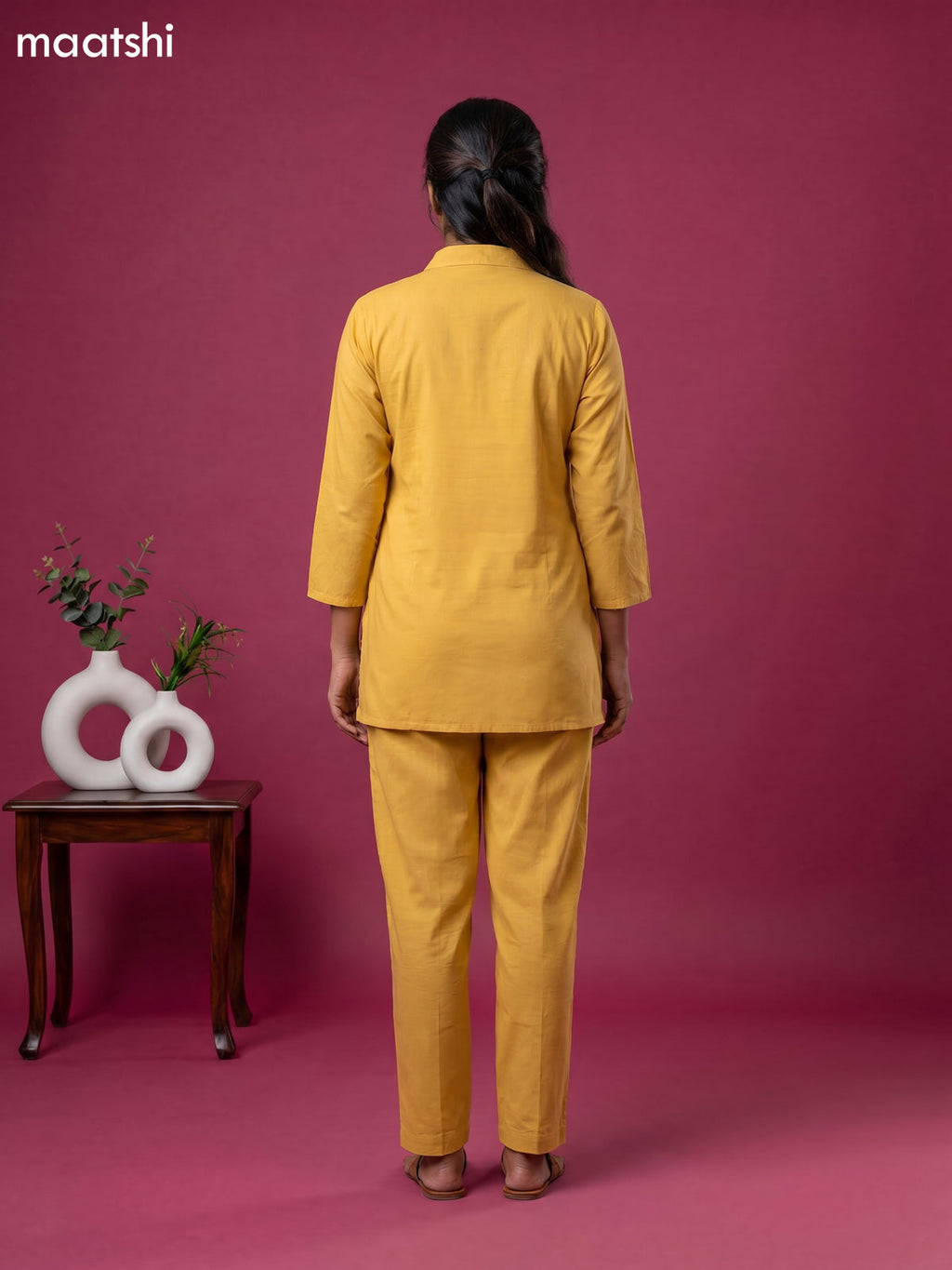 Musted Yellow Cotton Embroidery Work Short Co-Ord Set