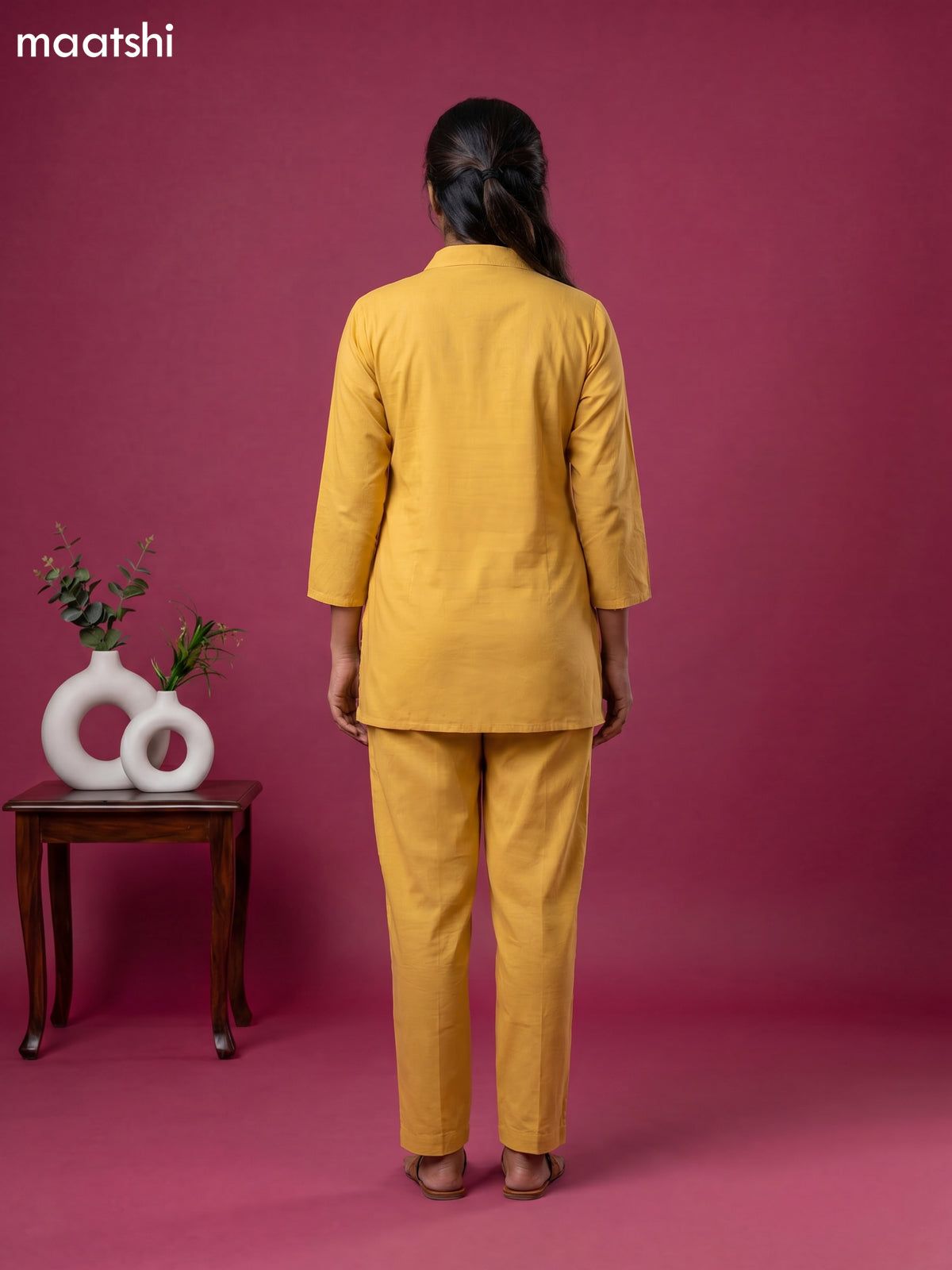 Musted Yellow Cotton Embroidery Work Short Co-Ord Set