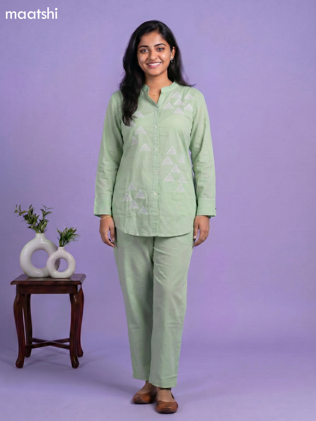 Pastel Green Cotton Embroidery Work Short Co-Ord Set