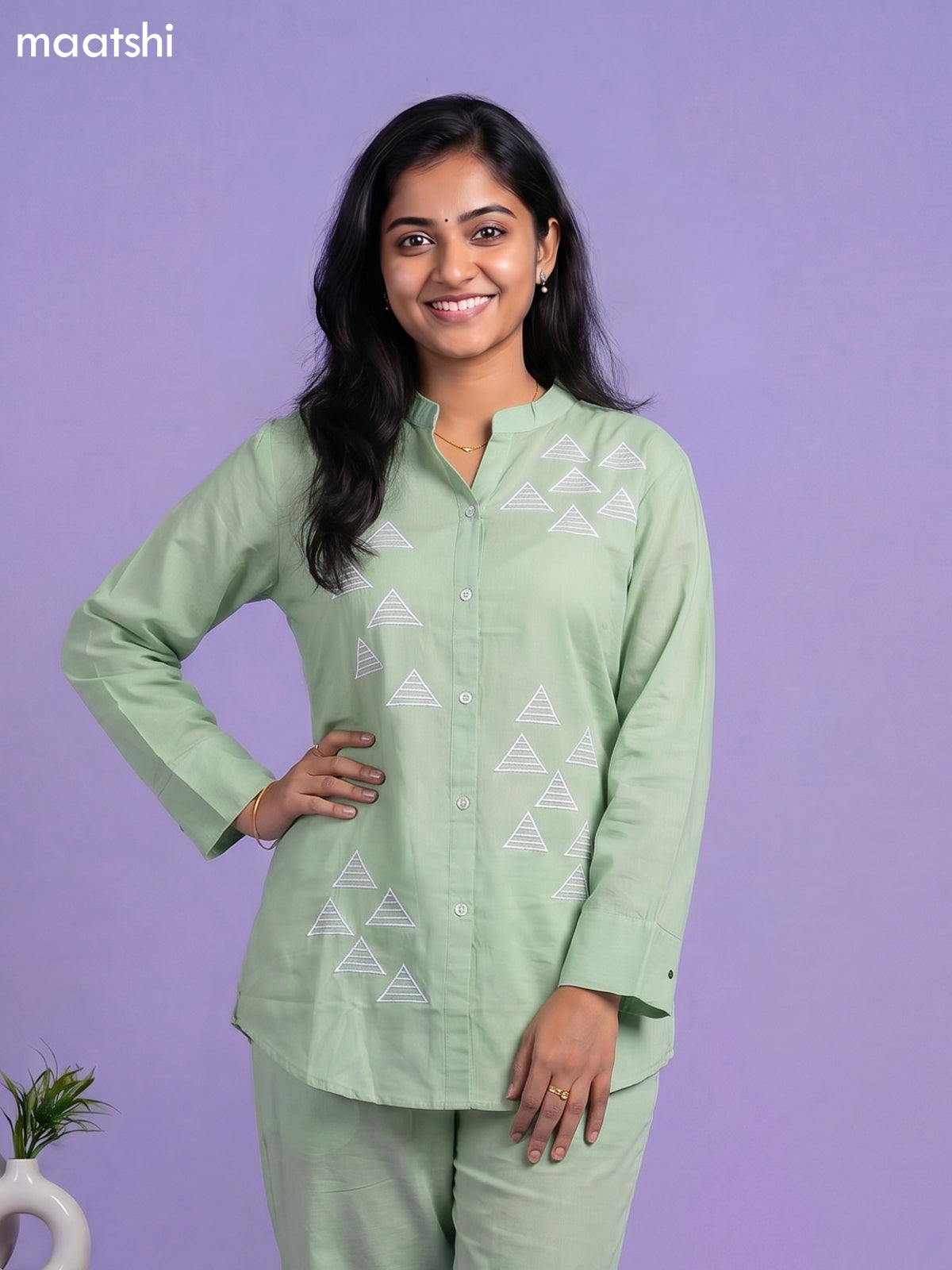 Pastel Green Cotton Embroidery Work Short Co-Ord Set
