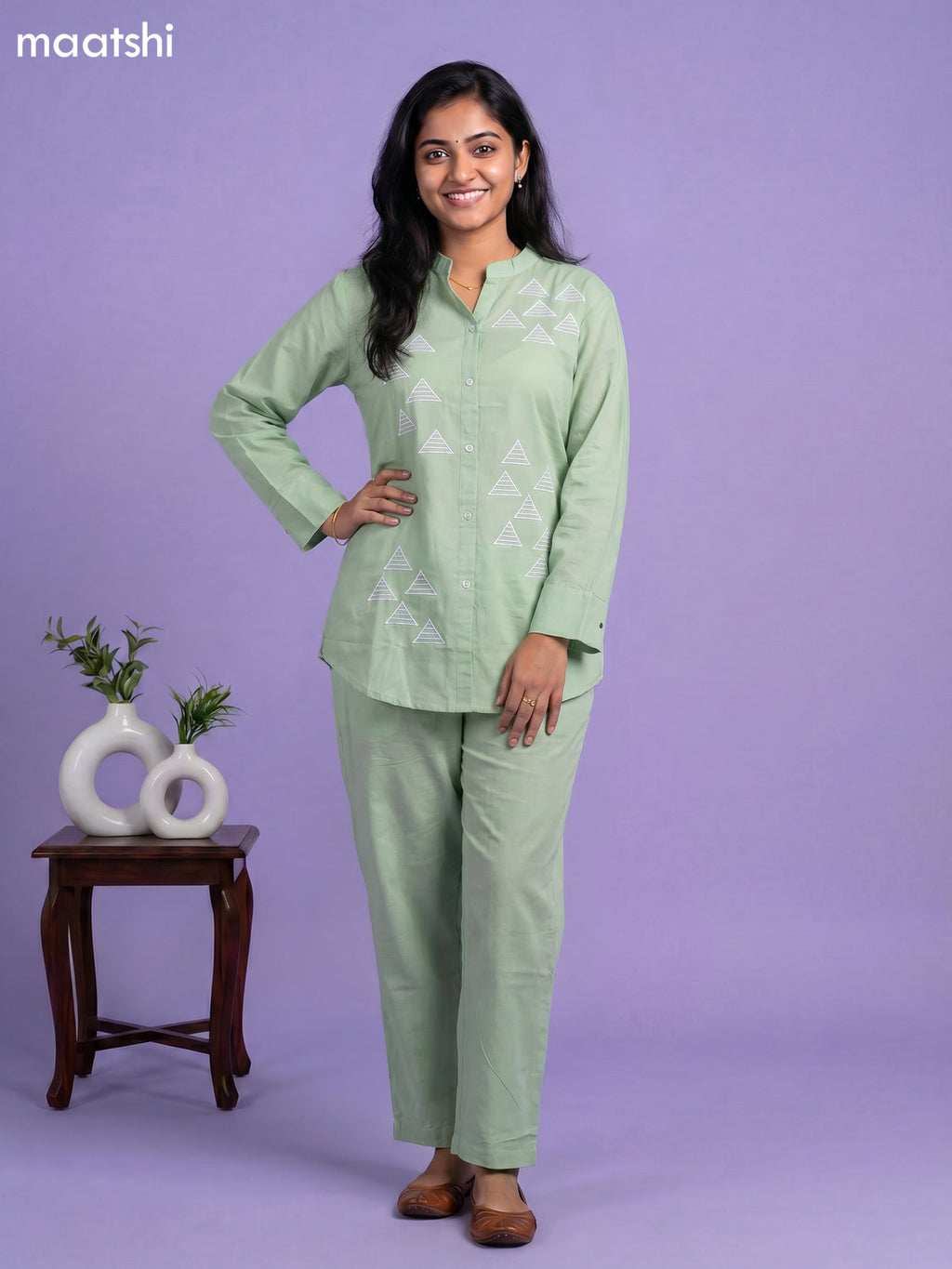Pastel Green Cotton Embroidery Work Short Co-Ord Set