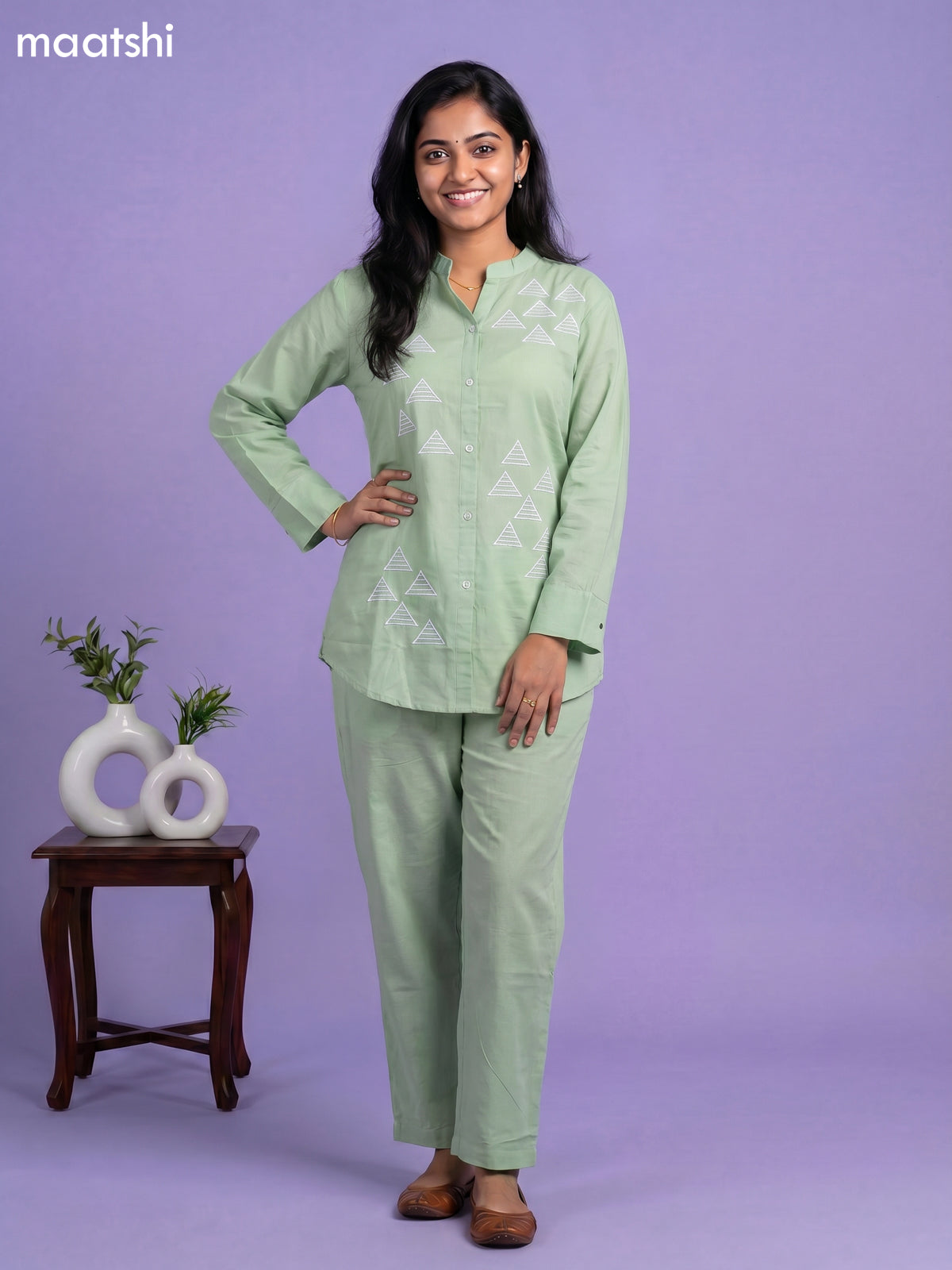 Pastel Green Cotton Embroidery Work Short Co-Ord Set