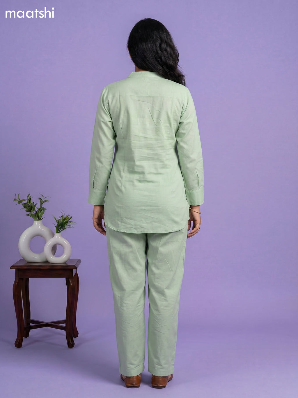 Pastel Green Cotton Embroidery Work Short Co-Ord Set