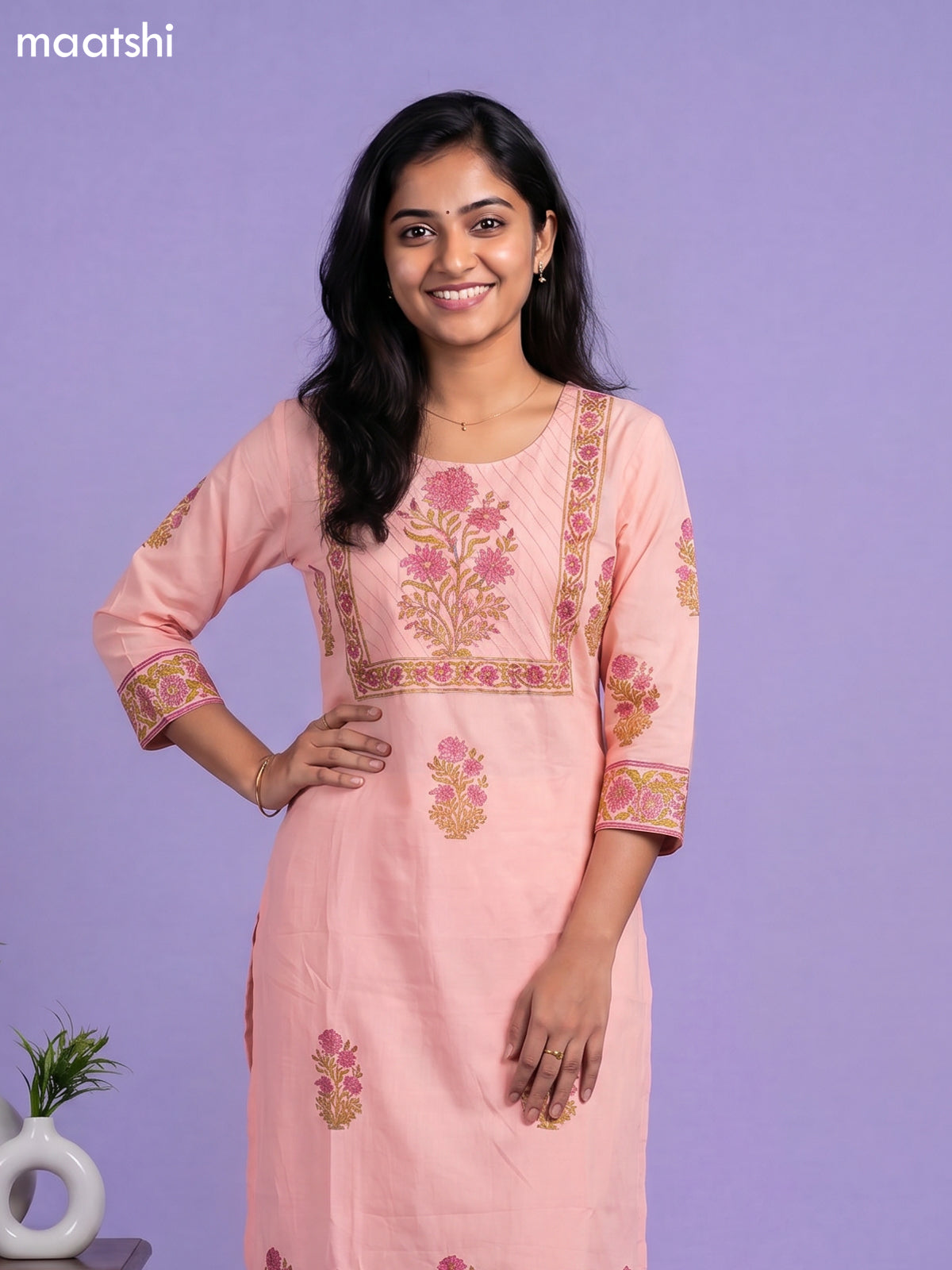 Peach Cotton Floral Printed Straight Suit