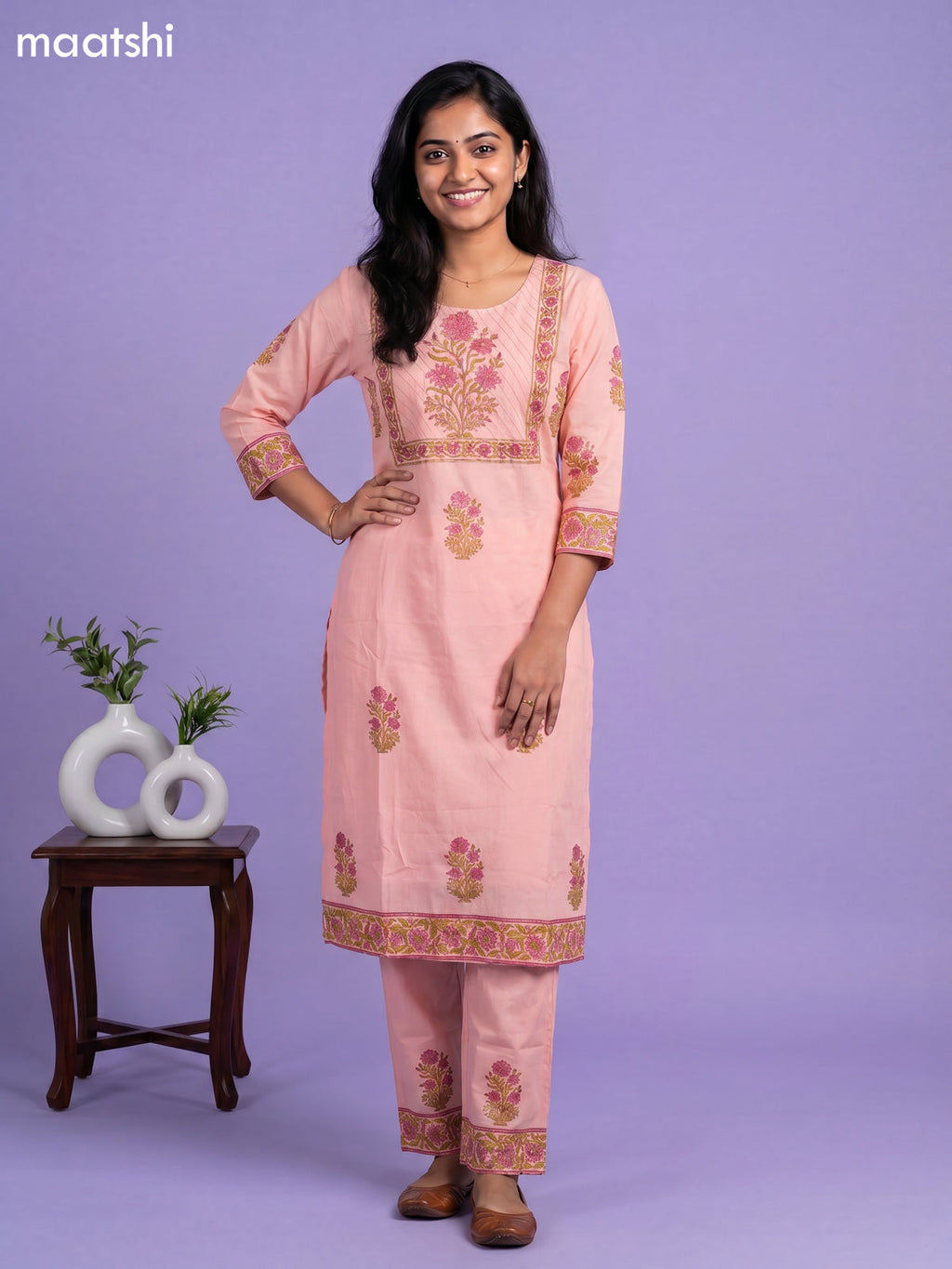 Peach Cotton Floral Printed Straight Suit