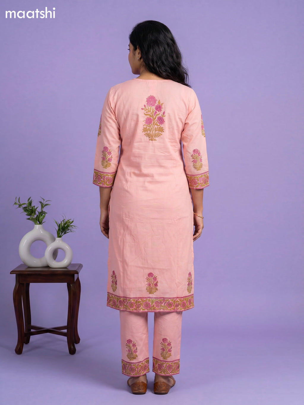 Peach Cotton Floral Printed Straight Suit