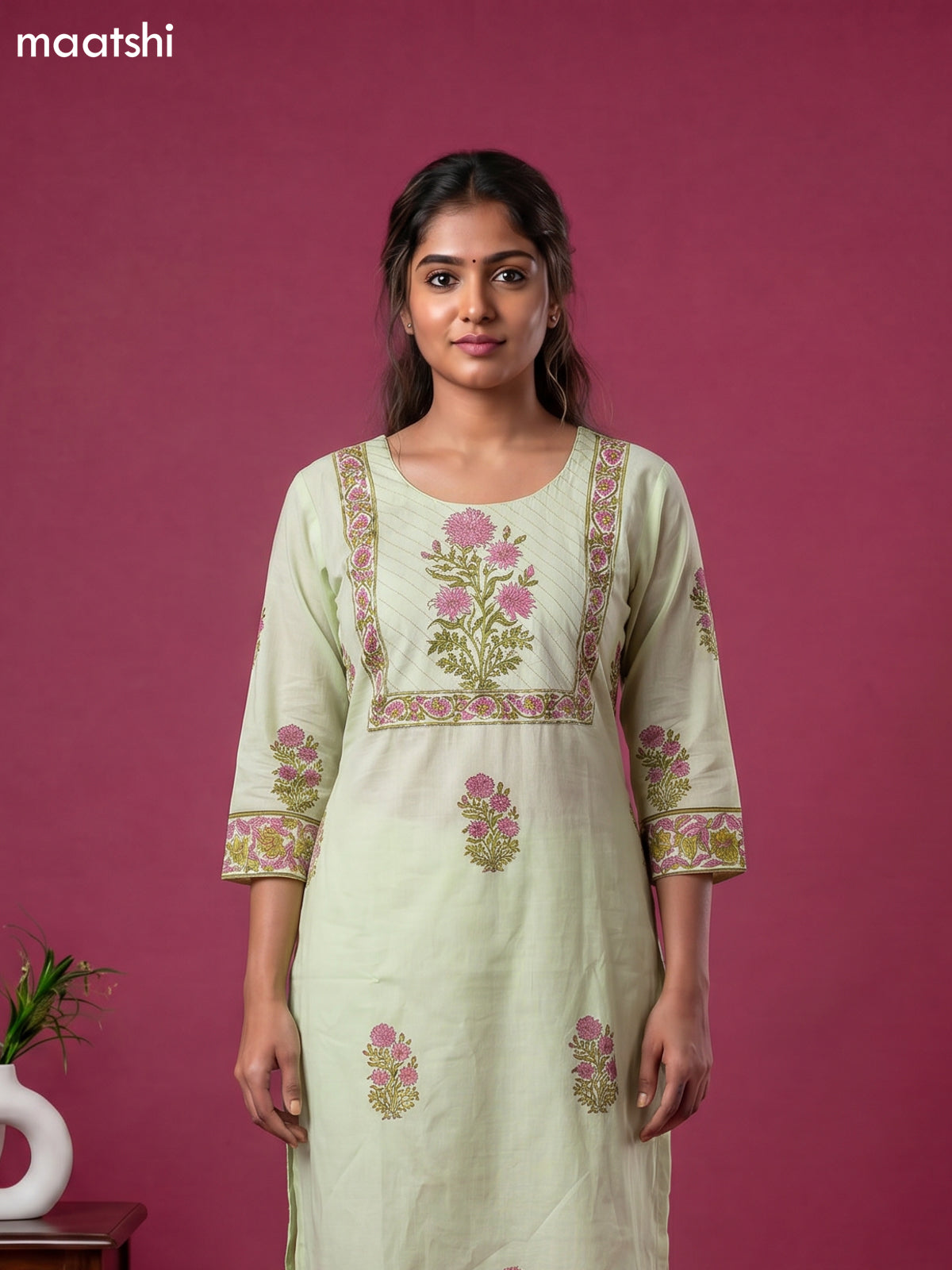 Mild Pista Green Cotton Floral Printed Straight Suit