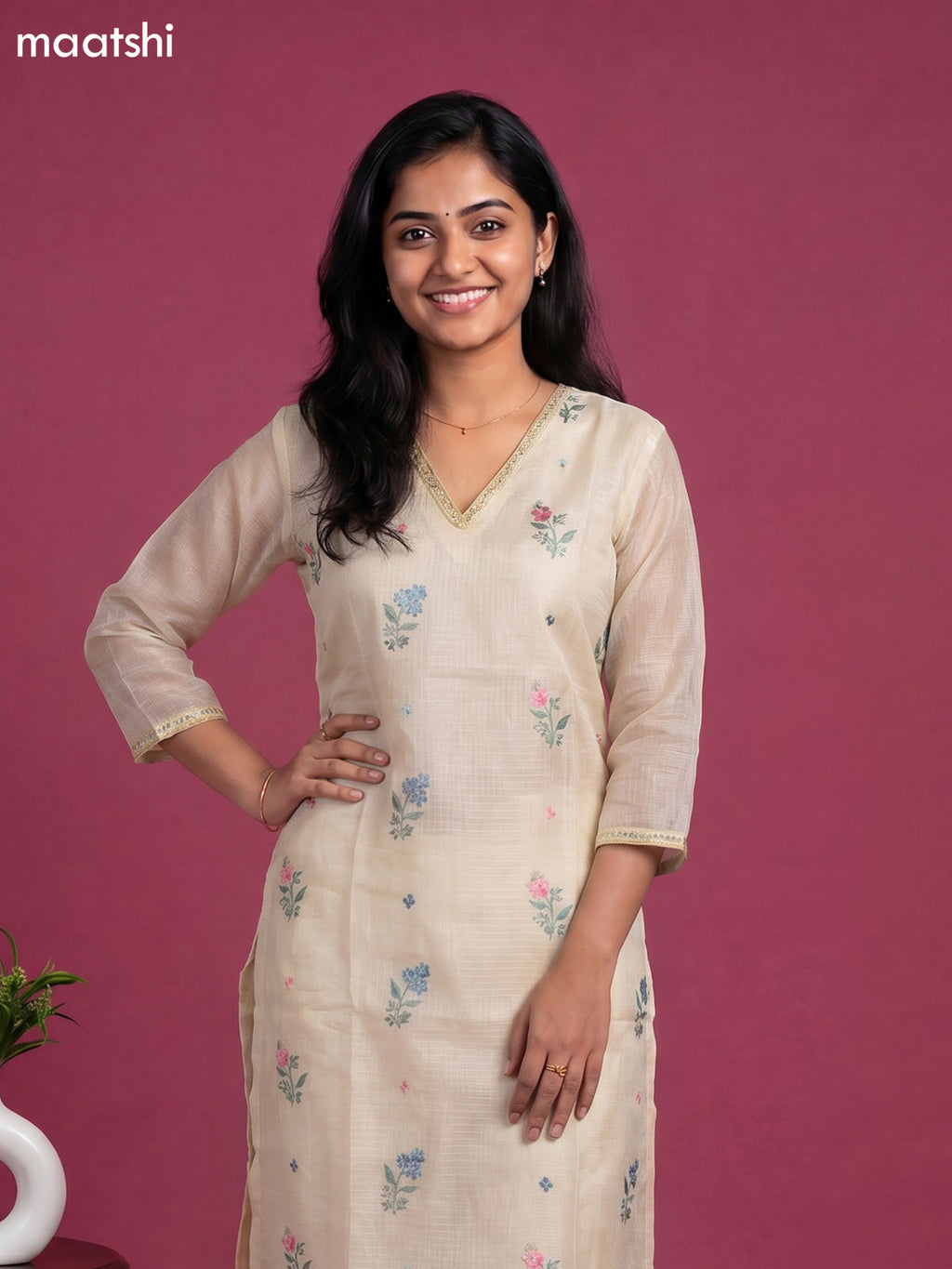 Cream Kota Embroidery Work Straight Suit
