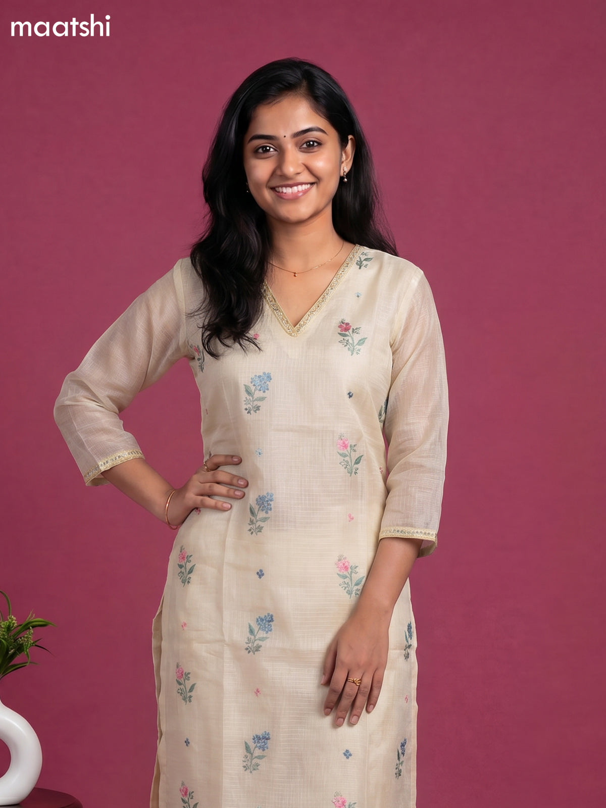 Cream Kota Embroidery Work Straight Suit