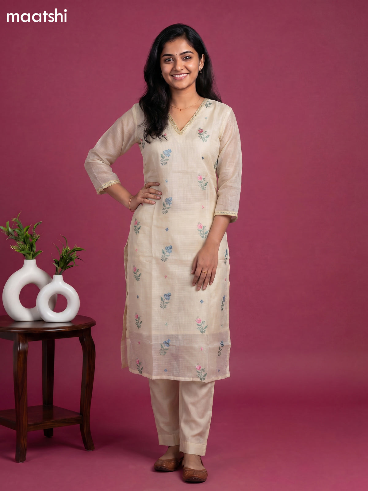 Cream Kota Embroidery Work Straight Suit