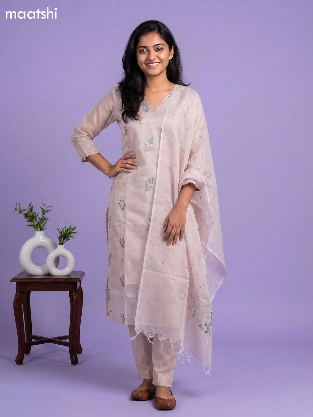 Pastel Brown Kota Embroidery Work Straight Suit