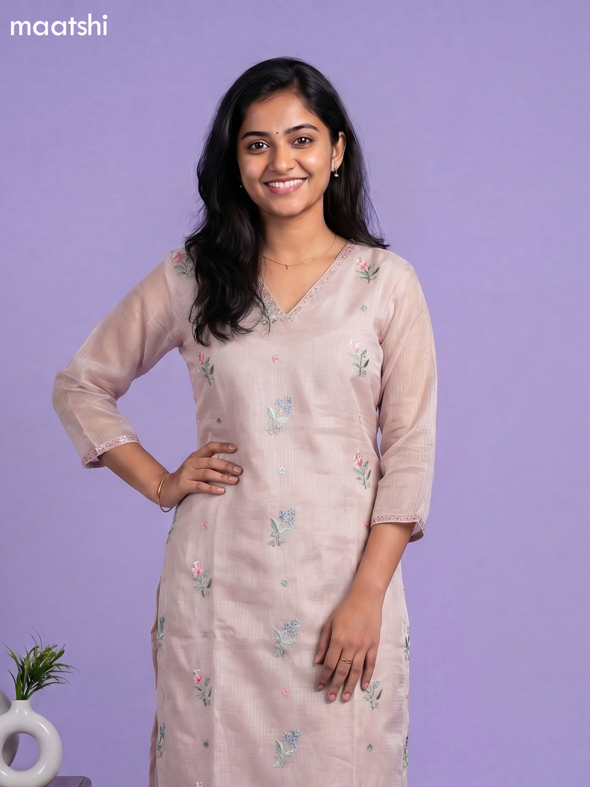 Pastel Brown Kota Embroidery Work Straight Suit