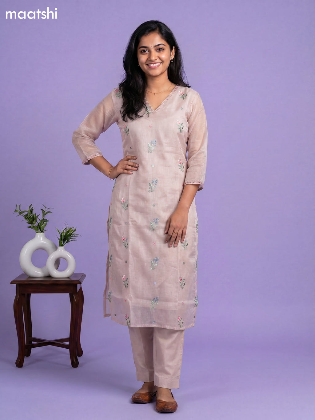 Pastel Brown Kota Embroidery Work Straight Suit