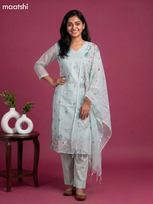 Teal Shade Kota Embroidery Work Straight Suit