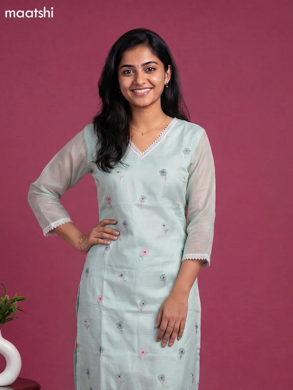 Teal Shade Kota Embroidery Work Straight Suit