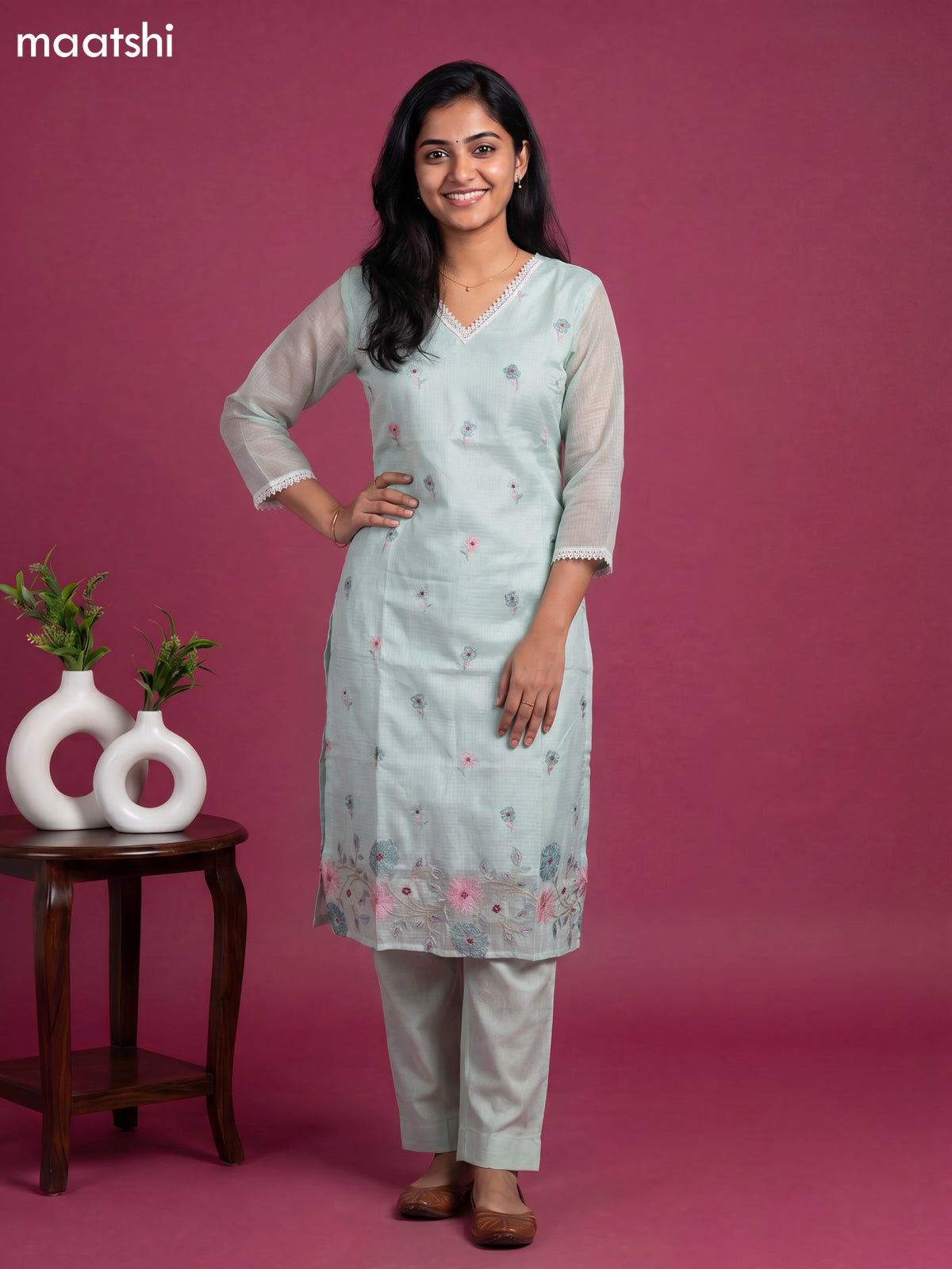 Teal Shade Kota Embroidery Work Straight Suit