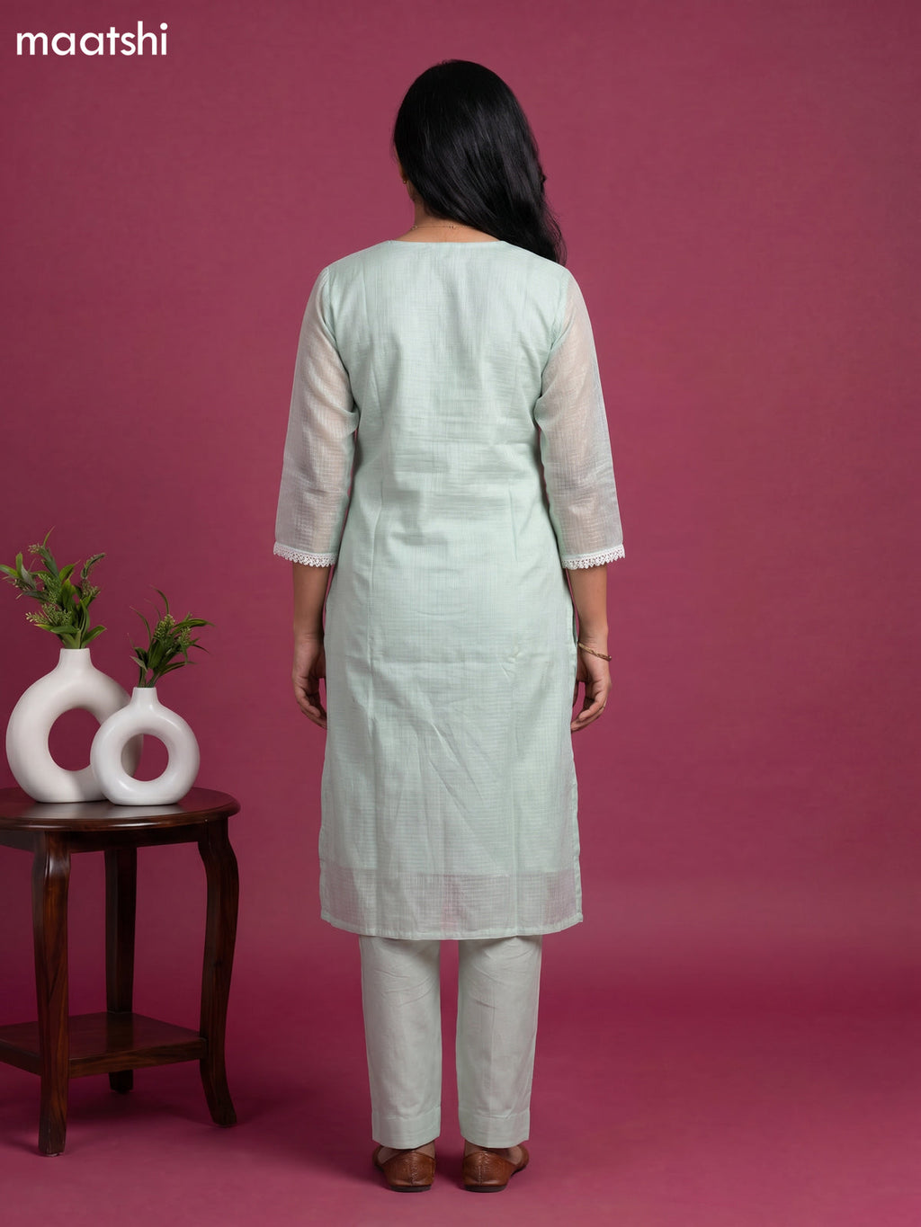 Teal Shade Kota Embroidery Work Straight Suit