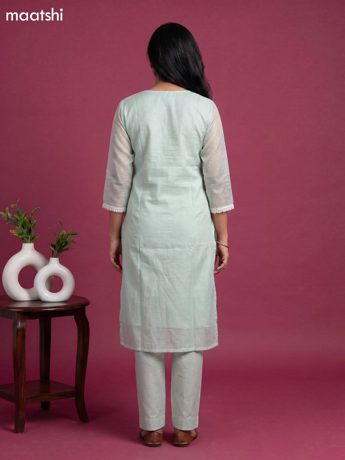 Teal Shade Kota Embroidery Work Straight Suit