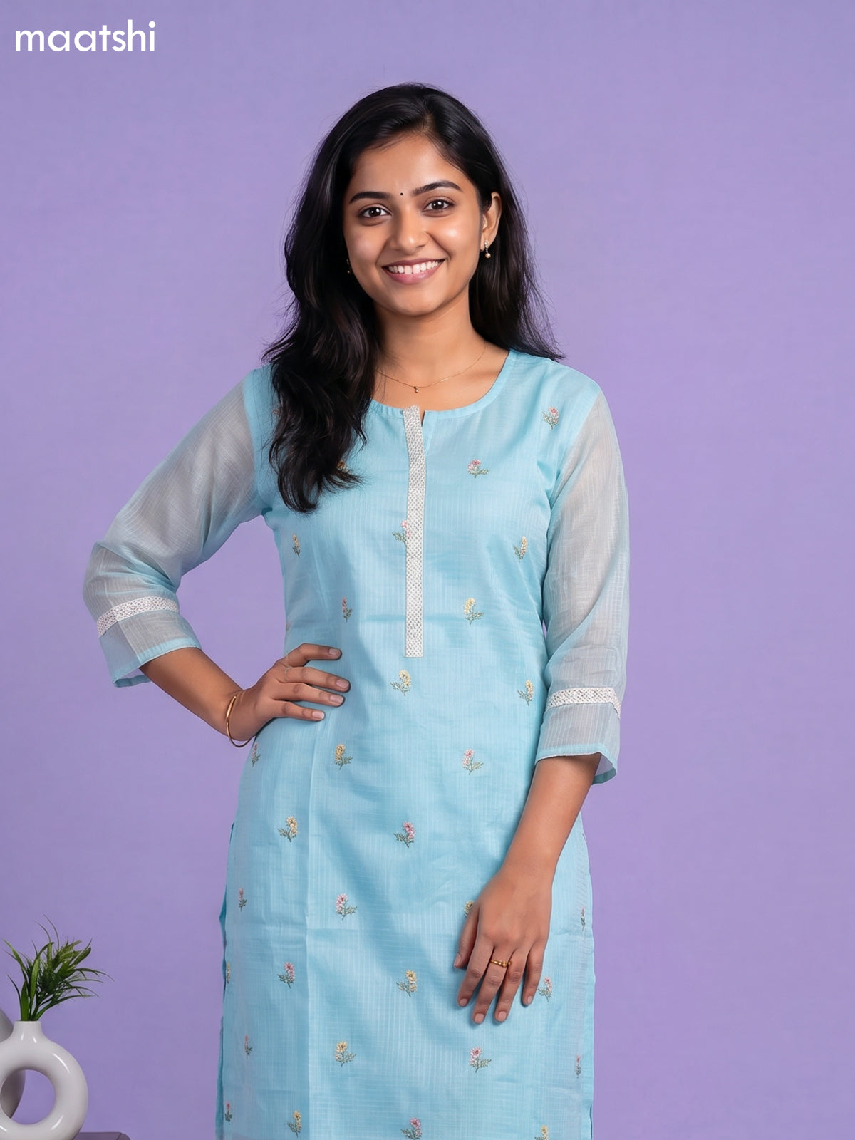 Teal Blue Kota Embroidery Work Straight Suit