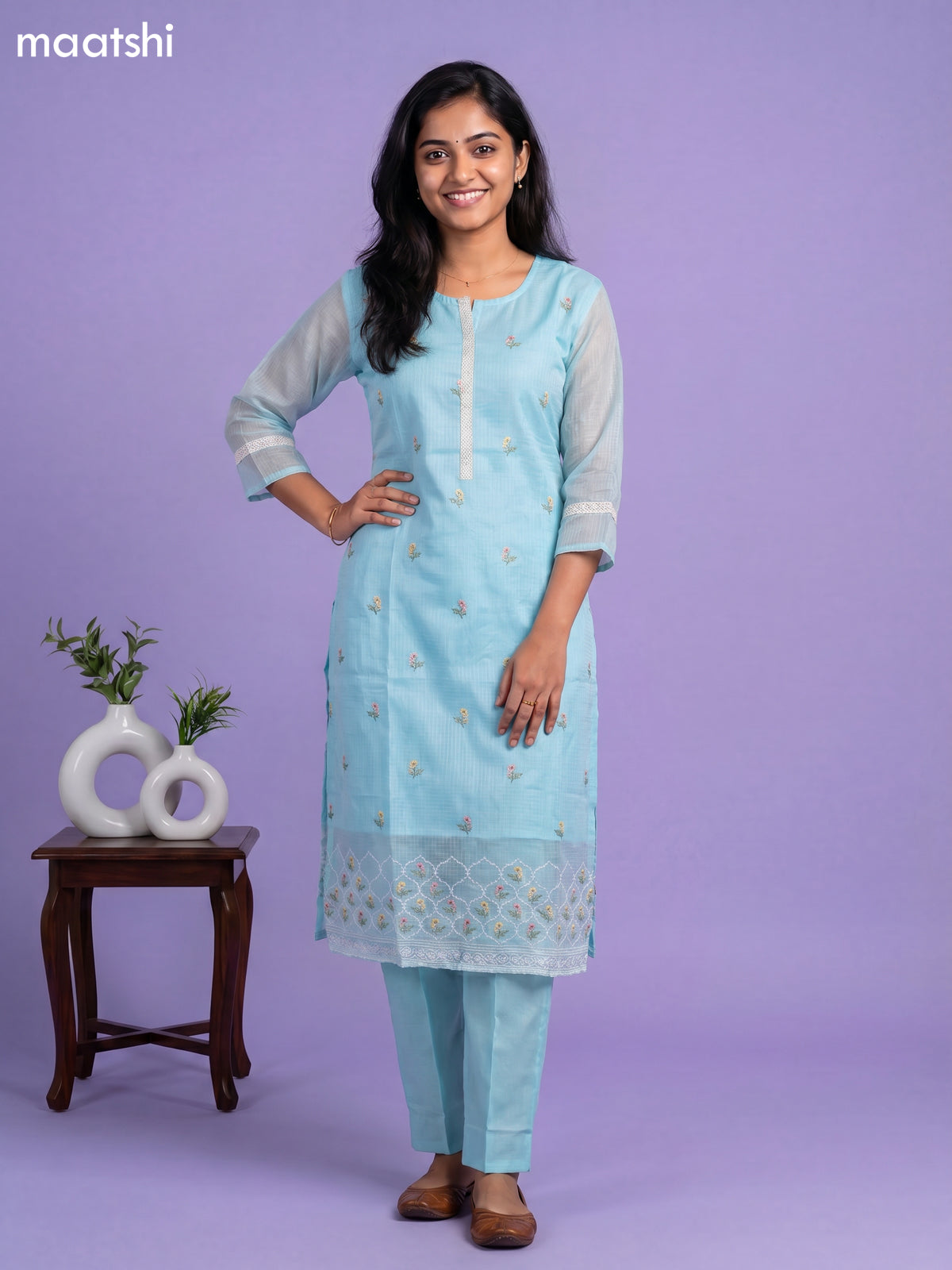 Teal Blue Kota Embroidery Work Straight Suit