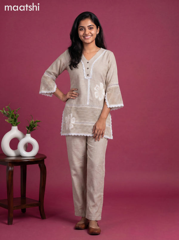 Beige Linen Cotton Embroidery Work Co-Ord Set
